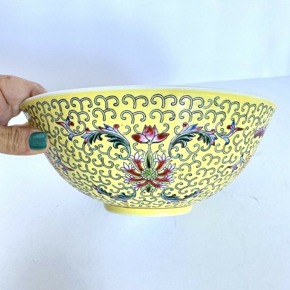 1972 Chinese Famille Juane Yellow Floral Enamel Jingdezhen Round China Bowl 8.6” - Picture 1 of 8